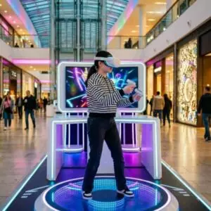 Подросток в VR-шлеме на подсвеченной платформе аттракциона в торговом центре