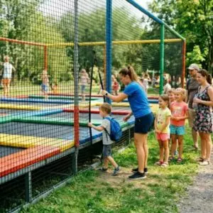 Сотрудница у уличного батутного комплекса впускает ребёнка, семьи ждут своей очереди