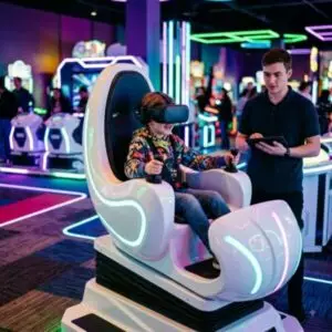 Мальчик в VR-шлеме в кресле аттракциона, рядом сотрудник отмечает пуск в планшете