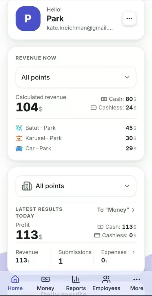 RentOS home screen: calculated revenue and the latest zone results