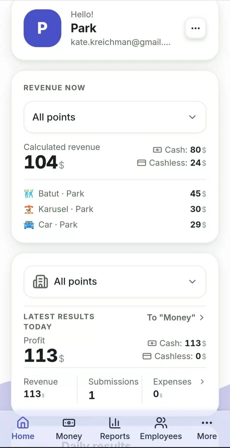 RentOS home screen: calculated revenue and the latest zone results
