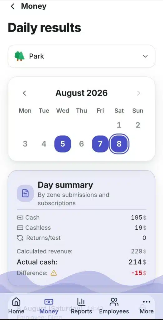 Daily results in RentOS: the revenue calendar and the totals of the selected day