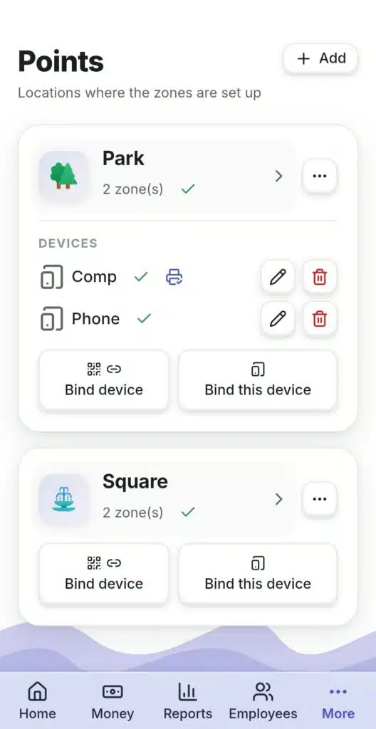 The "Points" screen in RentOS: devices and linking a device to a point
