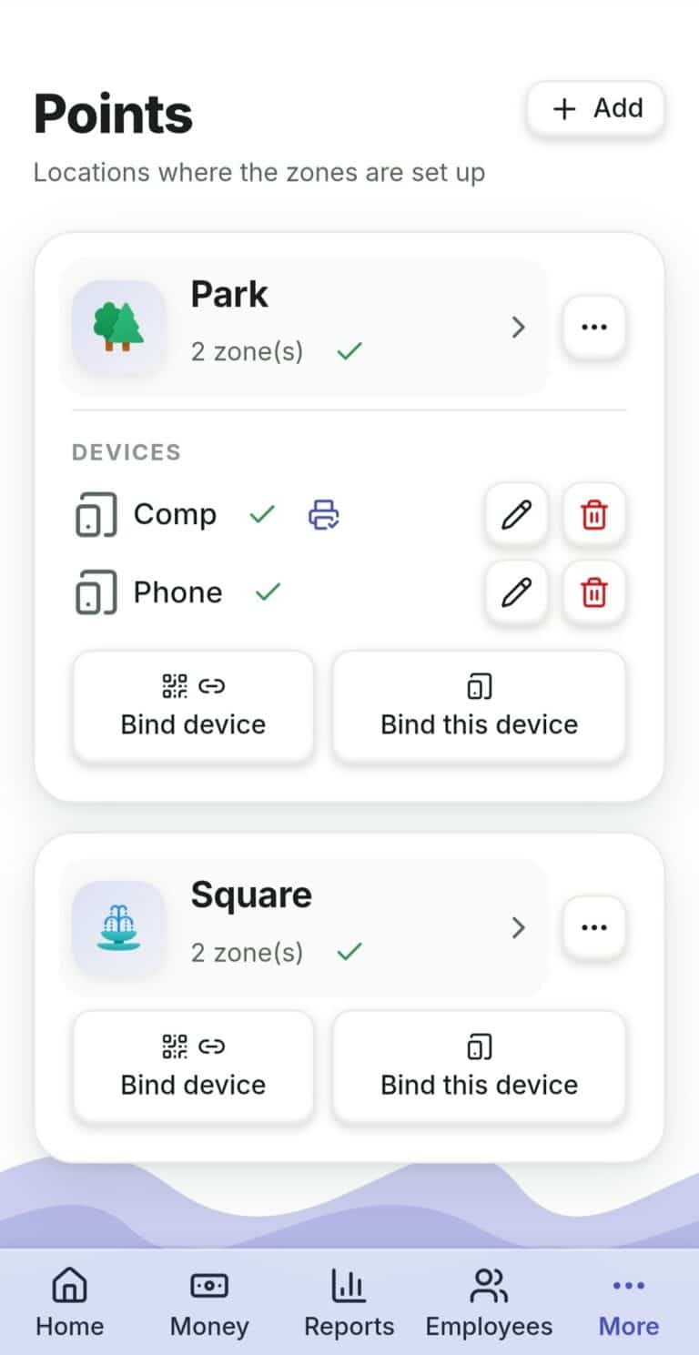 The "Points" screen in RentOS: devices and linking a device to a point