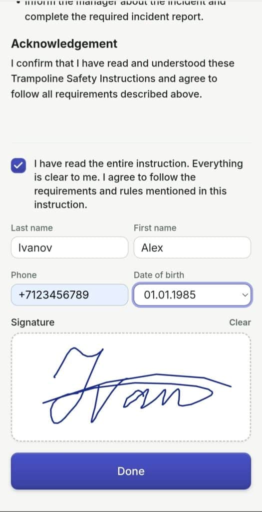 The briefing signing page: signing with a finger on a phone screen