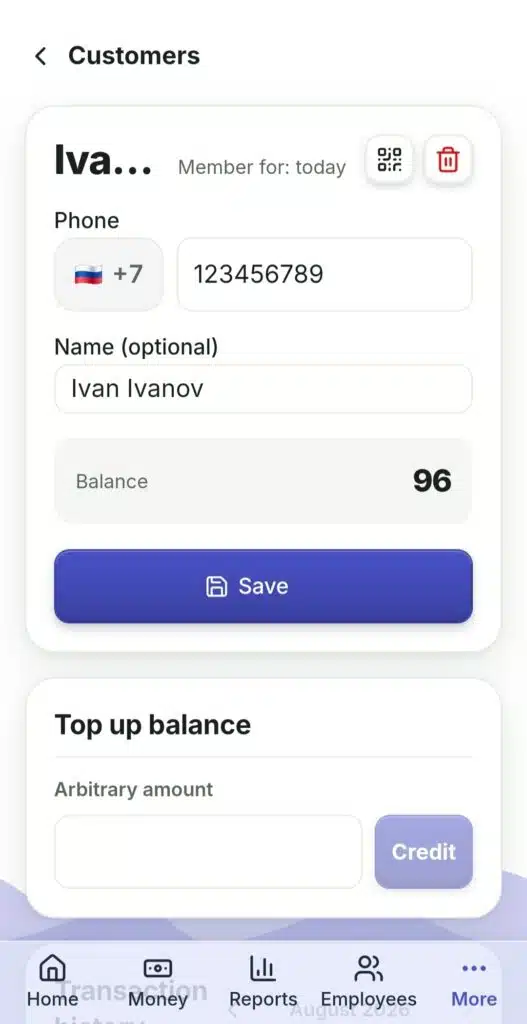 A client card in RentOS: balance and top-up