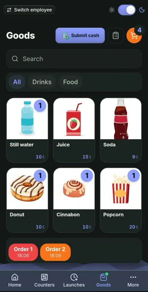 Products: selling drinks and food at the point
